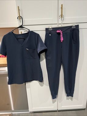 Figs Navy Scrub Top and Jogger Set with Pink Drawcord